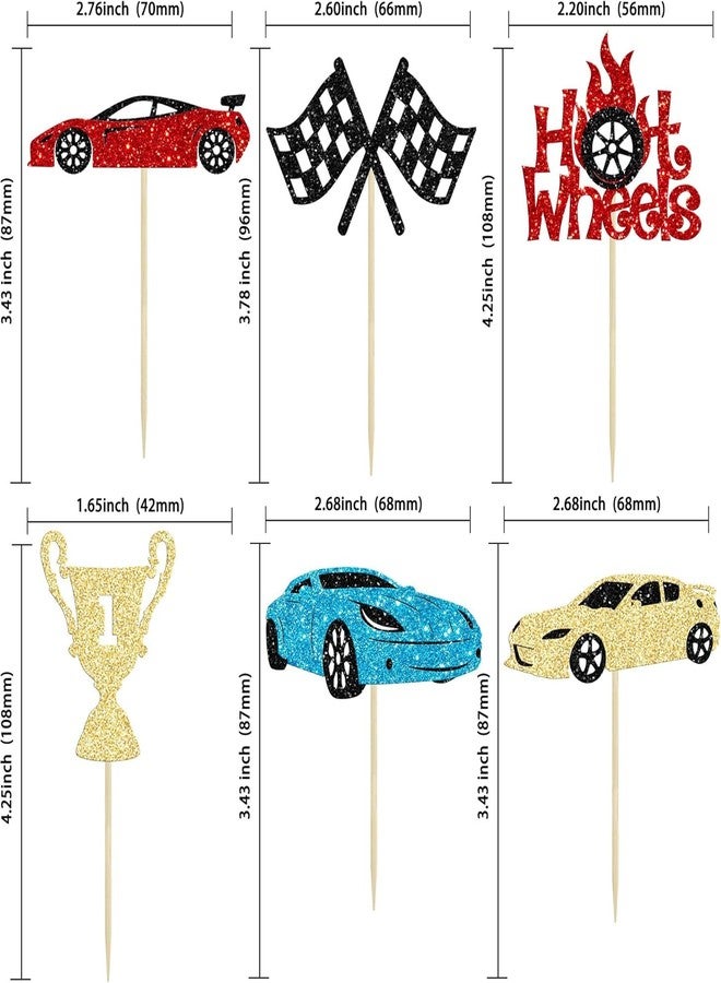 كونفيتي! ٢٤ قطعة من زينة الكب كيك على شكل سيارات سباق، مزينة ببريق لامع، وإشارات مرور، وعجلة قيادة، وكأس، وعلم، وعصا تزيين الكب كيك، مثالية لحفلات أعياد الميلاد ذات الطابع الرياضي "هيا بنا نتسابق" وحفلات استقبال المولود الجديد. - Image 2